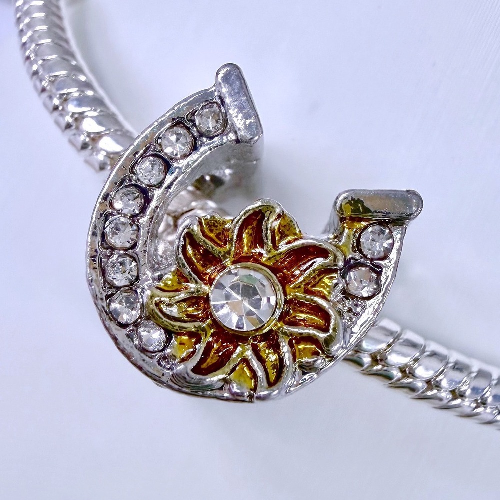 Silver Horseshoe Sunflower Bead Charm Fits Snake‎ Chain Bracelet Rhinestone